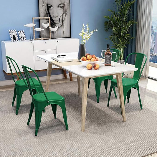 Devoko Metal Indoor-Outdoor Chairs - Distressed Style Kitchen Dining Set of 4 Stackable Side Chairs with Back (Green)