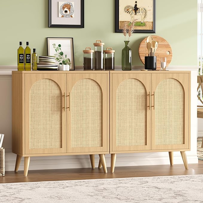 2 Pack 15.7" D Rattan Buffet Cabinet with Storage, Buffet Sideboard with Adjustable Shelf and Solid Wood Legs, Floor Storage Cabinet with Doors, Coffee Bar for Kitchen, Living Room, Natural