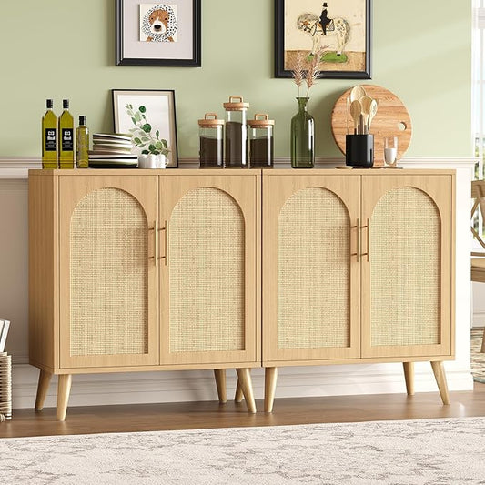 2 Pack 15.7" D Rattan Buffet Cabinet with Storage, Buffet Sideboard with Adjustable Shelf and Solid Wood Legs, Floor Storage Cabinet with Doors, Coffee Bar for Kitchen, Living Room, Natural