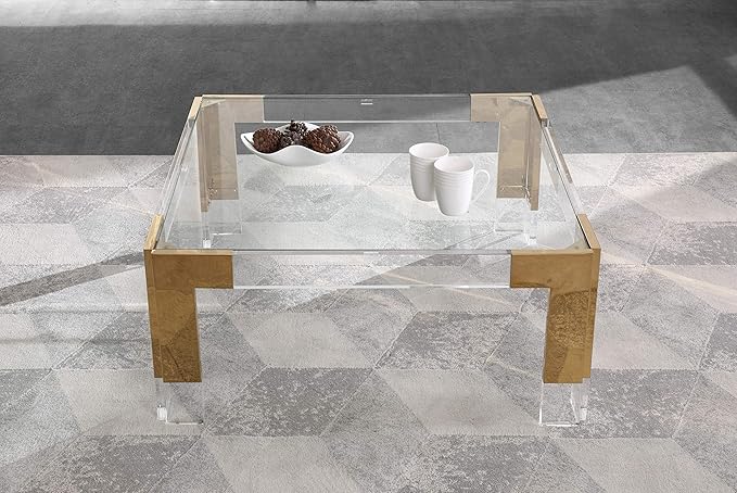 Meridian Furniture Casper Collection Modern | Contemporary Glass Top Coffee Table with Sturdy Stainless Steel and Acrylic Base, 36" W x 36" D x 16.5" H, Gold