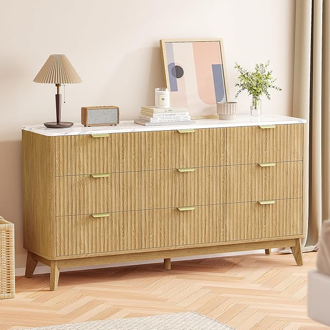 Pamapic 57" Sideboard Buffet Cabinet with Storage, Fluted Storage Cabinet with 9 Drawers, Modern Credenza with Faux Marble Top, Wood Buffet Console Table for Living Room, Hallway, Natural