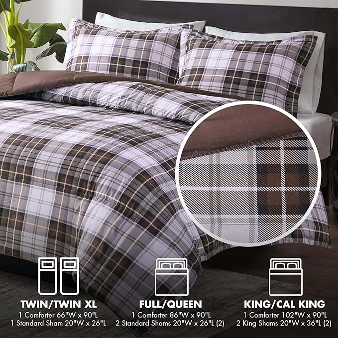 Madison Park Essentials Parkston Plaid Comforter, Matching Sham, 3M Scotchguard Stain Release Cover, Hypoallergenic All Season Bedding-Set, Twin/ Twin XL, Brown, 2 Piece