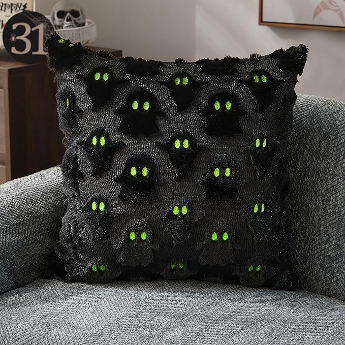 DFXSZ Halloween Pillow Covers 20x20 inch Set of 2 Black Ghost Throw Pillow Cases Soft Plush Faux Fur Wool Couch Cushion Case for Chair Sofa Bedroom Living Room Home Decor PTK03F20