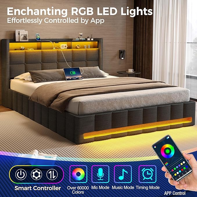 Rolanstar Bed Frame Queen Size with Lift Up Storage, Charging Station & LED Lights, Upholstered Storage Headboard, Heavy Duty Wooden Slats, No Box Spring Needed, Noise Free, Easy Assembly, Dark Grey