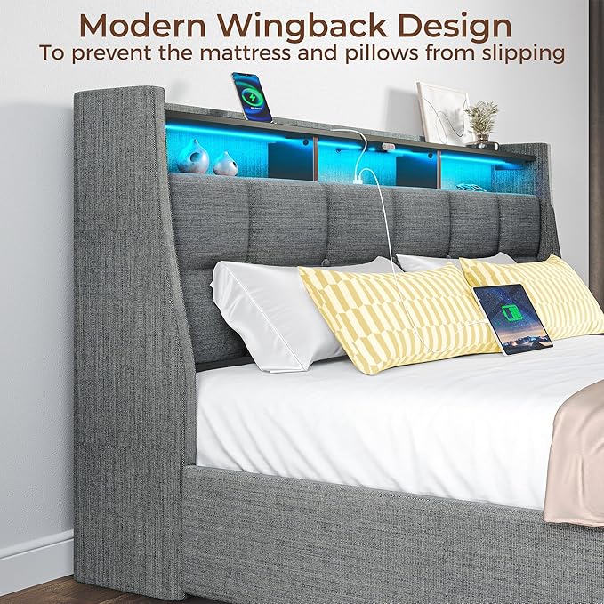 Rolanstar Full Size Bed Frame with RGB LED Lights & Charging Station, Upholstered Storage Headboard with 4 Drawers, Heavy Duty Metal Frame, No Box Spring Needed, Easy Assembly