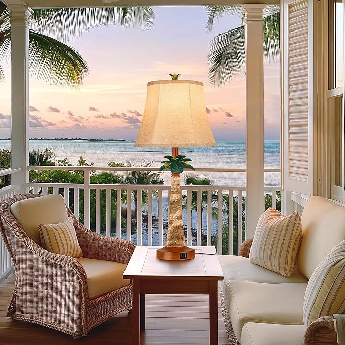 Hamucd Set of 2 Coastal Palm Tree Table Lamps with 2 USB Ports for Living Room Beach Nautical Bedside Lamps for Bedroom Tropical Nightstand Lamps for Home Decor
