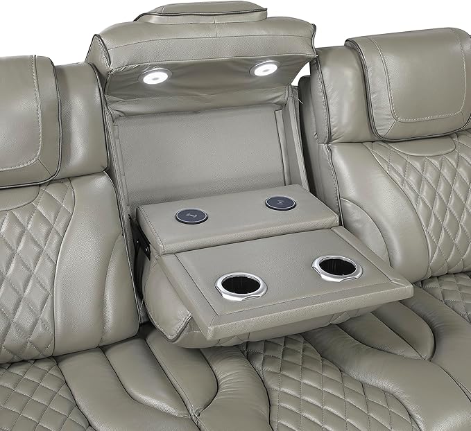Lexicon Power Double Reclining Sofa, Center Drop-Down Table with Heat/Massage/Headrest/Storage Arms/Cup Holders/LED Lights/Wireless Charging, Top Grain Leather Match Wall Hugger Recliner Sofa, Grey