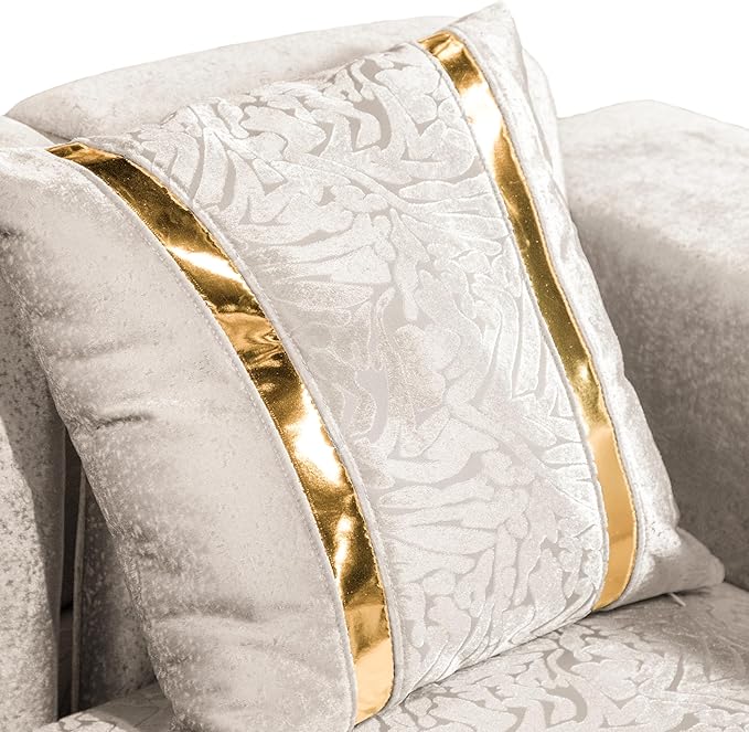 Furniture of America Samison II Glam Solid Wood Upholstered Loveseat with Accent Pillows, Damask Pattern and Gold Base, Soft Couch for Living Room, Bedroom, Office, Beige