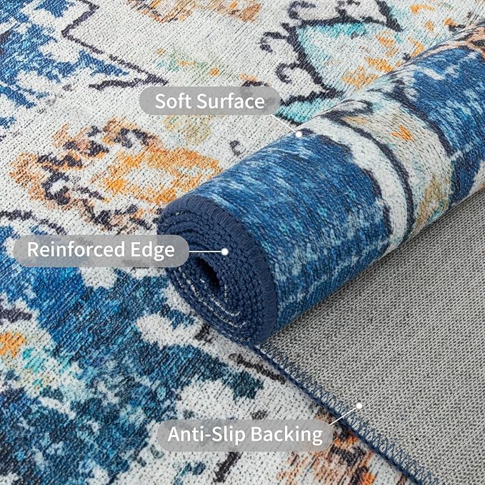 Easy-Going Round Rug 6ft Area Rug Washable Boho Circle Rugs for Living Room Non-Slip Bedroom Rug Low Pile Lightweight Tangerine Vintage Throw Rug for Dining Room Kitchen Office, Floral Aqua Yellow
