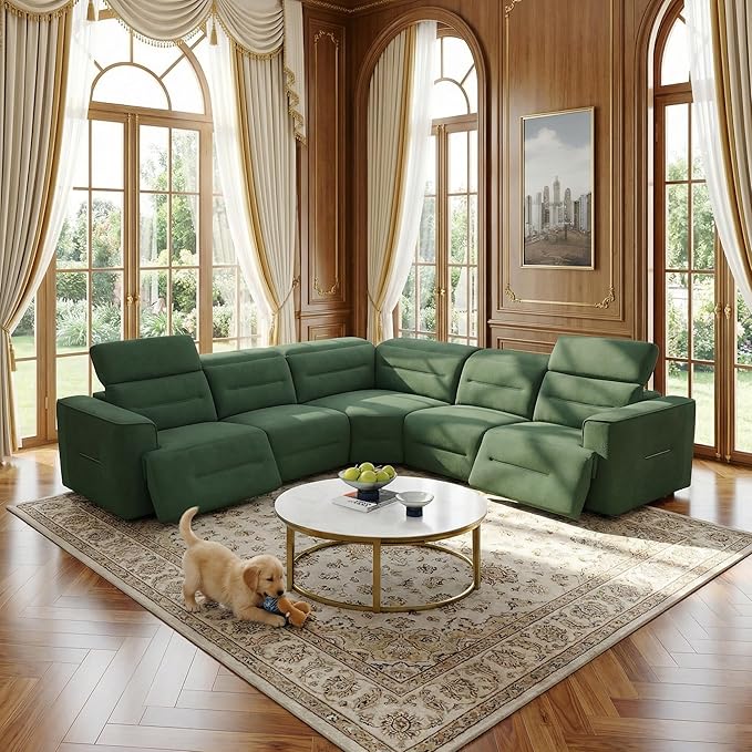 Power Recliner Sectional Couch, Flannel Living Room Furniture Set, Reclining Corner Sectional Sofa with USB Ports for Home/Office (Green, 5 Seater Couch)