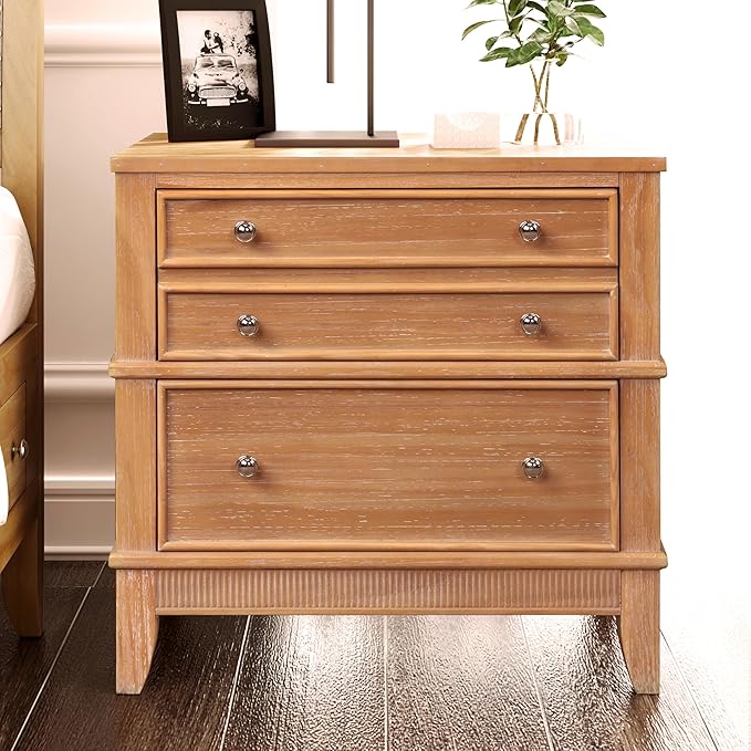 Merax Wooden Hazel 3-Drawer Nightstand, Mid-Century Modern Night Stand with Storage Drawers, Bed Sofa Side End Table, Dressers Organizer Vertical Storage Tower Tables for Bedroom & Living Room, Brown