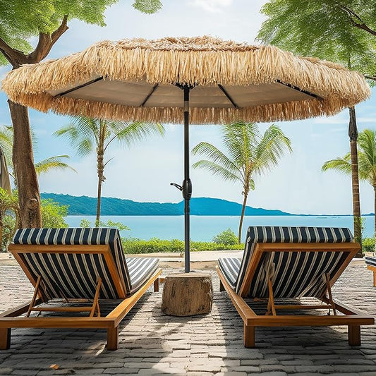 8FT Tiki Umbrella, Umbrella Outdoor Patio UV-Stability, Hawaiian Style Outdoor Umbrellas for Patio 8 large Ribs, Thatched umbrellas with Push Button Tilt and Crank Lift for Tiki Bar, Pool, Beach, Natural