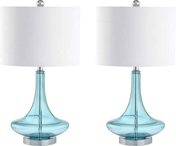 JONATHAN Y 25.5" Aqua/Chrome Glass Teardrop Table Lamp Set of 2 for Bedroom, Modern Bedside Lamps for Living Room, White Linen Drum Shade, LED Bulbs Included (JYL1081B-SET2)