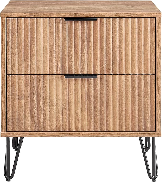 Manhattan Comfort Dumbo Fluted Nightstand with 2 Drawers, Gold Metal Legs and Metal Handles, Snap Tool-Free Assembly, Modern Bedside Accent Table with Storage for Bedroom, Living Room in Golden Brown