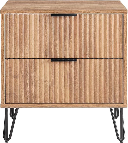 Manhattan Comfort Dumbo Fluted Nightstand with 2 Drawers, Gold Metal Legs and Metal Handles, Snap Tool-Free Assembly, Modern Bedside Accent Table with Storage for Bedroom, Living Room in Golden Brown