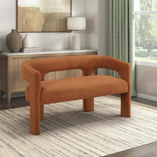 Lexicon 54.5 Inch Modern Curved Boucle Upholstered Dining Bench, Open Back Design, Soft Contemporary Accent Bench for Dining Room/Entryway, No Assembly Required, Orange
