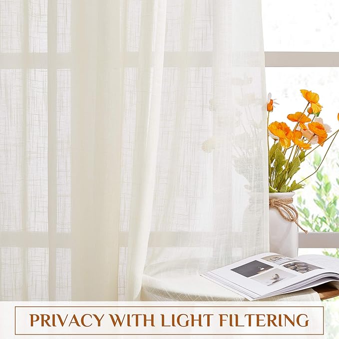 NICETOWN Semi Sheer Curtains Linen Blend Texture, Rod Pocket Back Tab Decorative Linen Sheer Drapes Window Treatment Privacy Curtains for Bedroom/Living Room/Nursery, W52 x L90, Natural, 2 Panels