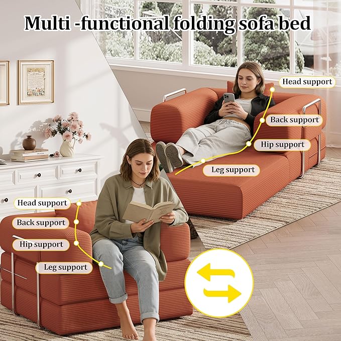 BSHOMGI Folding Sofa Bed, 2 in 1 Convertible Sofas to Lounger Comfy Single Bean Bag Chair Floor Portable Foldable Sleeper Lazy Futon Couch Chair for Bedroom, Living Room(Orange, 35.43" Single Sofa)