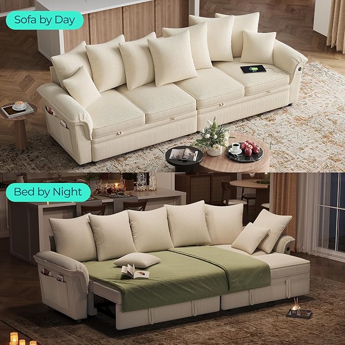 LINSY HOME Oversized Sectional Sleeper Sofa with Pull Out Couch Bed (Beige, 110.5'') | USB Charging, Pillow-style Armrest, Multiple Cushions, Modular Sofa, Corduroy Fabric
