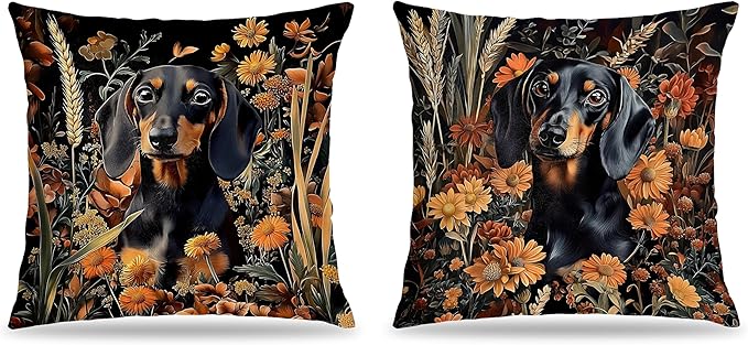 William Morris Inspired-Vintage Floral Dachshund Pillow Covers 18x18 Set of 2, Dachshund Lover Gifts,Cottagecore Botanical Weiner Dog Doxie Decorative Pillow Covers for Home Living Room Bedroom