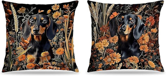 William Morris Inspired-Vintage Floral Dachshund Pillow Covers 18x18 Set of 2, Dachshund Lover Gifts,Cottagecore Botanical Weiner Dog Doxie Decorative Pillow Covers for Home Living Room Bedroom