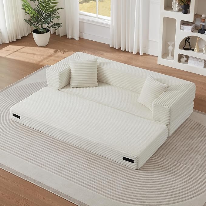 Ball & Cast Modern Upholstered Sofa with 2 Pillows,Boneless Corduroy Couch W/Deep Seat,Convertible Folding Sleeper Sofa Bed for Living Room,Bedroom,Apartment,No Assembly,White,78"
