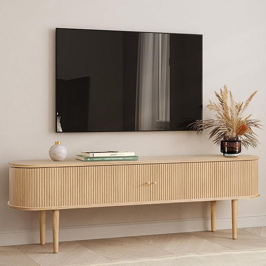 WERMO 71’’ TV Stand with Storage and Shelves for 65-75 inch TV. Wood Entertainment Center with Doors for Living Room and Bedroom, Mid Century Modern Console Table, Television Stand (Oak)