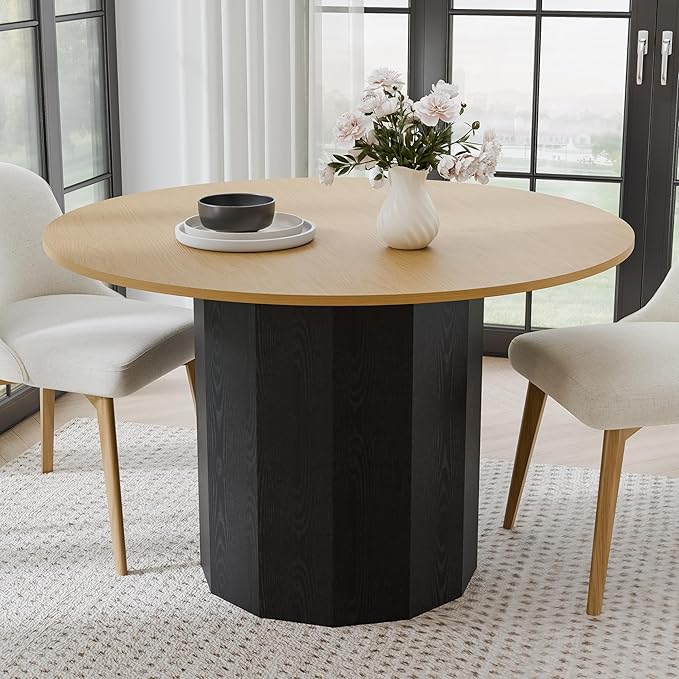 Casaphoria 46 inch Round Wood Dining Table for 4, Black Cylinder Pedestal Base, Modern Farmhouse Style, Kitchen & Dining Room Table