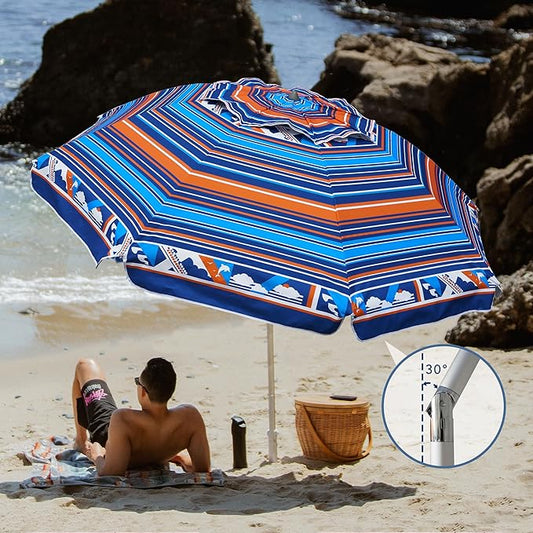 AMMSUN 7ft Heavy Duty High Wind Beach Umbrella Parasols with sand anchor & Tilt Sun Shelter, UPF 50+ Protection Outdoor Sunshade Umbrellas Carry Bag for Patio Garden Pool Backyard Multicolor