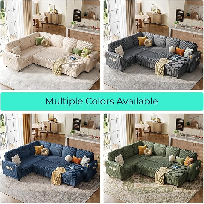 LINSY HOME Sectional Sofa with Pull Out Bed, 6 Seats Corduroy Reversible Sleeper Sofa with Storage Seats & Chaises, USB Ports, Cup Holders, Side Pocket, Sectional Couches for Living Room, Green | Plush corduroy, Pull out sofa bed, Foam, Sturdy frame