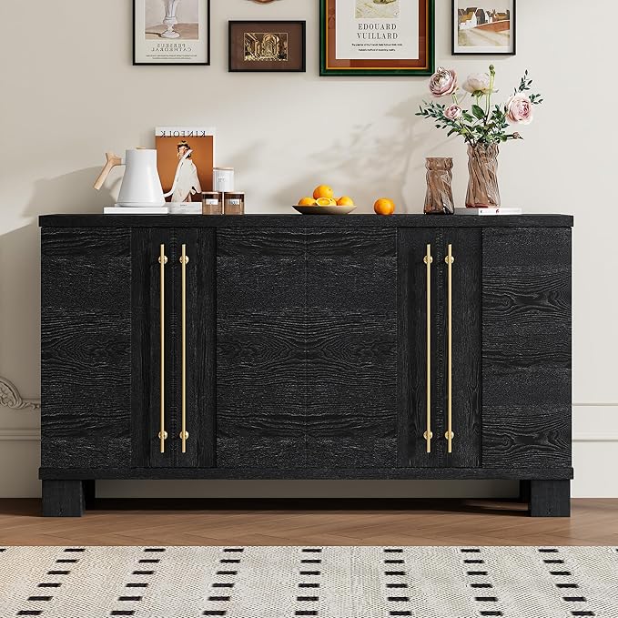 Ball & Cast 60“ Sideboard Buffet Cabinet with Storage,Traditional Coffee Bar Cabinet with 4 Doors and Adjustable Shelves,Wood Side Board Table with Long Gold Handles or Living Room, Kitchen,Navy