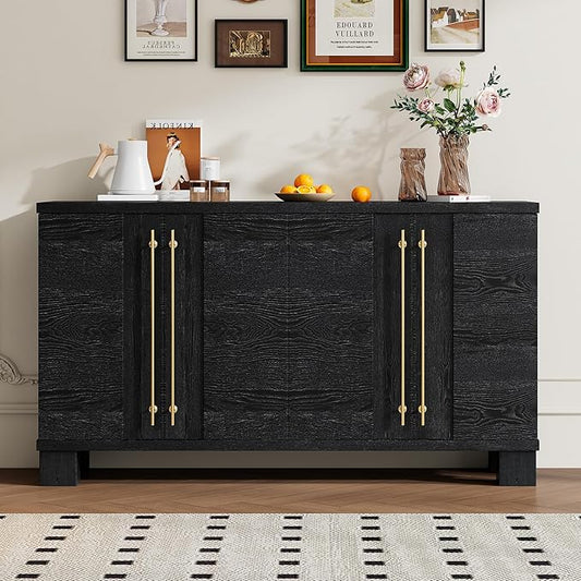 Ball & Cast 60“ Sideboard Buffet Cabinet with Storage,Traditional Coffee Bar Cabinet with 4 Doors and Adjustable Shelves,Wood Side Board Table with Long Gold Handles or Living Room, Kitchen,Navy
