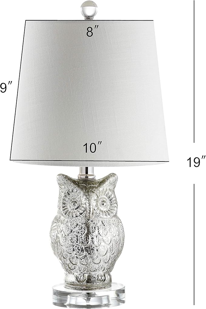 JONATHAN Y 19" Silver/Ivory Owl Glass Table Lamp with Crystal Base, Contemporary Woodland Bedside Lamp for Living Room, White Linen Drum Shade, LED Bulb Included JYL4010A
