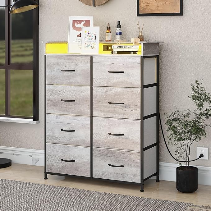 Dresser for Bedroom with Charing Station Grey Dresser with LED Lights Tall Dressers with 8 Drawers Storage Tower for Closet Living Room Hallway Entryway Sturdy Steel Frame Wood Top