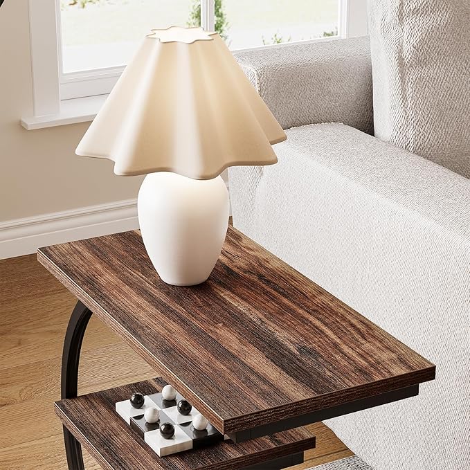 LITTLE TREE End Table, Narrow End Table with 3 Storage Shelves, Industrial C-Shaped Small Sofa Side Table for Living Room, Wood Slim Snack Table with Black Metal Frame, Rustic Brown
