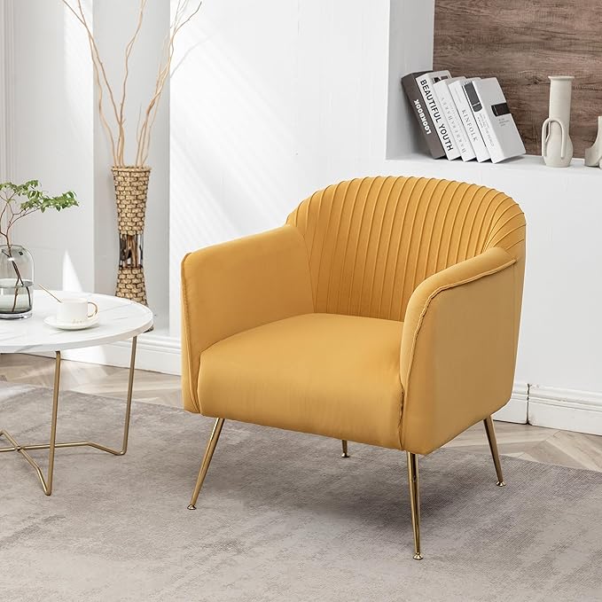 Contemporary Velvet Accent Chairs for Living Room, Bedroom and Entryway, Modern Armchair with Sleek Metal Legs, Elegant Seating Solution for Small Spaces, Mustard Yellow