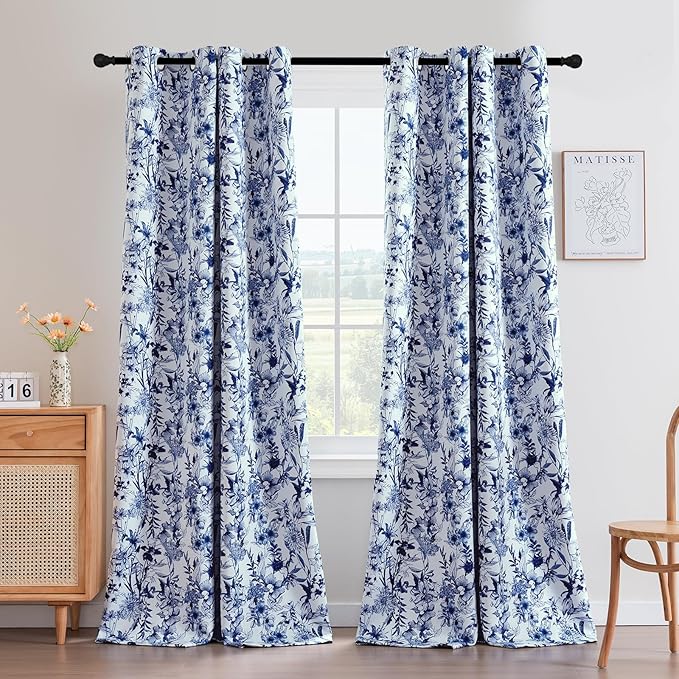 H.VERSAILTEX Blackout Curtains 96 Inch Length 2 Panels Set Floral Print Curtain Drapes for Living Room Thermal Insulated Grommet Window Curtains for Bedroom - French Jouy Flora in Blue