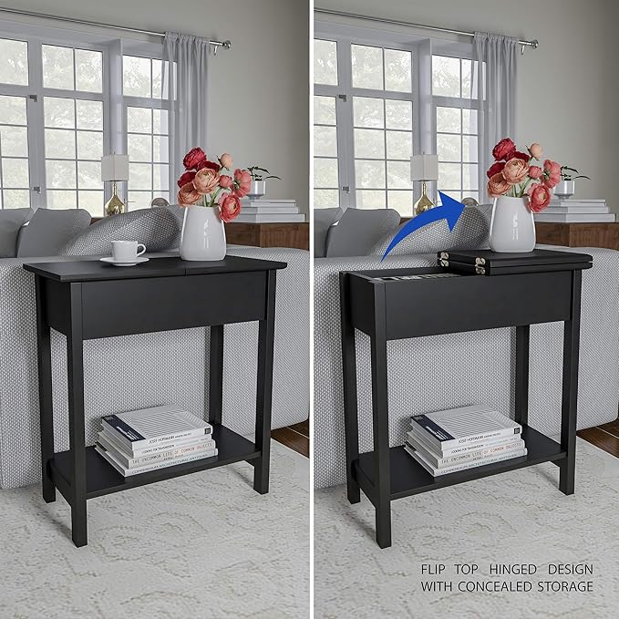 Lavish Home Flip Top End Table - Narrow End Table and Slim Console with Storage Compartment and Lower Shelf for Living Room, Hallway, Entryway and Small Spaces (Black)