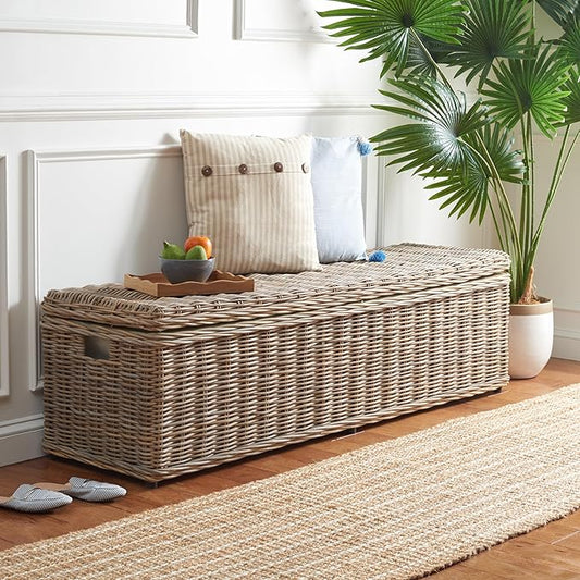 SAFAVIEH Home Collection – Caius Natural Wicker Storage Bench, Rustic Rattan Bench with Hinged Lid for Bedroom or Entryway, Fully Assembled (SEA7017A)