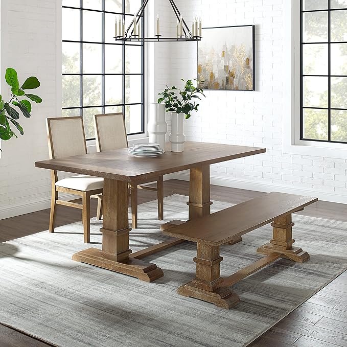 Crosley Furniture Joanna 4-Piece Modern Farmhouse Dining Table Set for 5 with 2 Upholstered Chairs and a Wood Bench, Rustic Brown/Creme