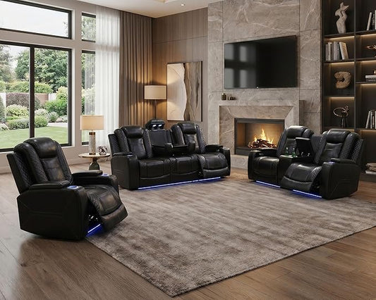 Breathing Leather Power Recliner Sofa Set, Reclining Sofa Set with LED/Cup Holders/Storage/USB Port, 3 Piece Home Theater Seating Couches for Living Room (Black Upgared)