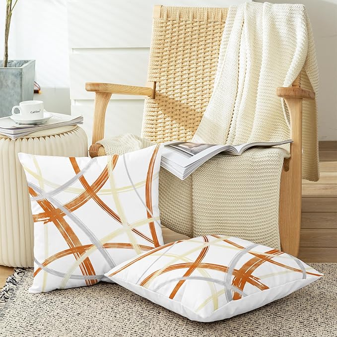 CaliTime Throw Pillow Cases Pack of 2 Cozy Fleece Arc-Shaped Abstract Geometric Lines Decorative Cushion Covers for Couch Bed Sofa Farmhouse Decoration 22 X 22 Inches Burnt Orange Light Gold Grey
