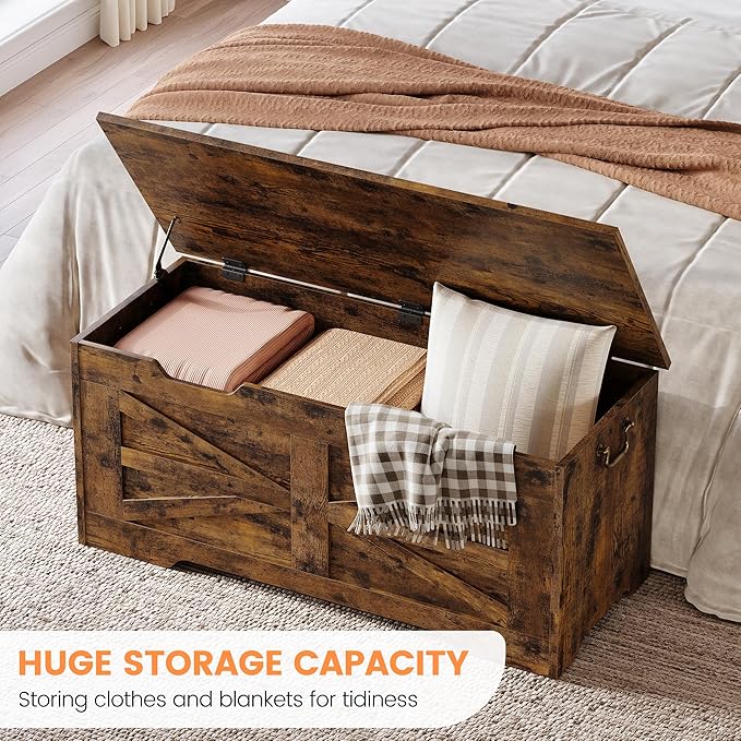 IDEALHOSUE 39.4" Storage Chest, Wooden Storage Bench with Safety Hinge, Retro Blanket Storage Trunk for Entryway, Living Room, Supports 350 lb, Rustic Brown