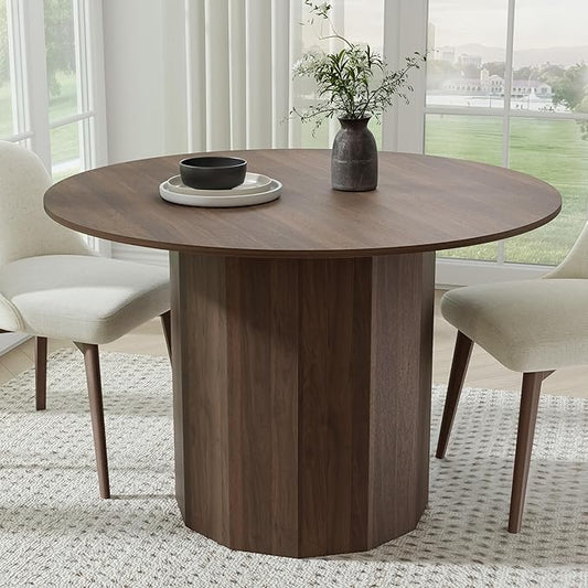Casaphoria 46" Round Dining Table, Modern Wood Kitchen Table with Cylinder Polygonal Base for Living Room & Dining Room, Easy Assembly Farmhouse Furniture for 4-6, Walnut