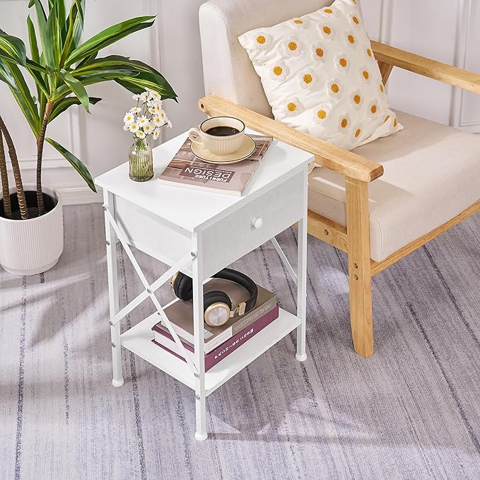 VECELO Nightstand Set of 2, X-Design End Side Table with Fabric Storage Drawer and Open Shelf, Bedside Night Stand with Steel Frame for Bedroom, Living Room,Dorm, Easy Assembly,White