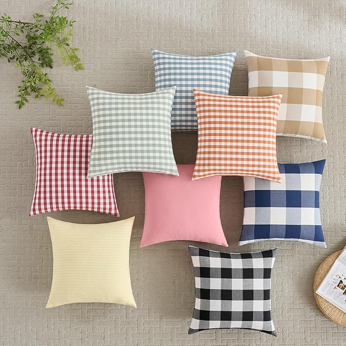 Light Pink and White Buffalo Plaid Pillow Covers 18x18 Set of 2, Spring Home Decor Checkered Couch Throw Pillows 18 x 18, Modern Pink Aesthetic Pillows Decorative for Couch Sofa Living Room