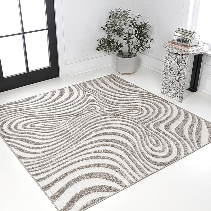 JONATHAN Y Maribo High-Low Abstract Striped Gray/Ivory 6x6 Square Indoor/Outdoor Area Rug, Pet Friendly, Non-Shedding, Stain Resistant, Easy-Cleaning for Backyard, Patio, Porch (SCN103B-6SQ)