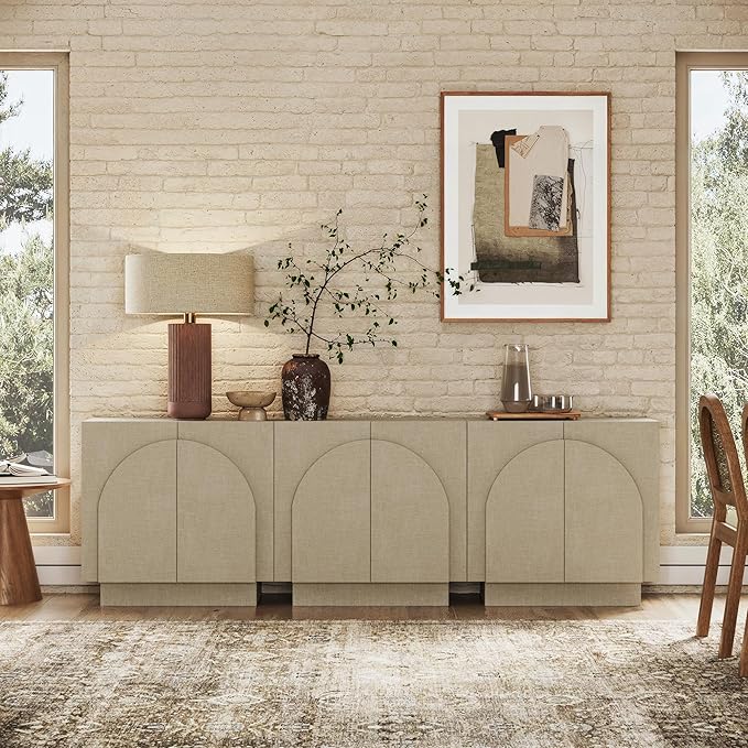 Nathan James Iris Mid Century Modern Arched Curio Cabinet with Beige Linen Finish, Wooden Storage Cabinet with Doors Set of 3