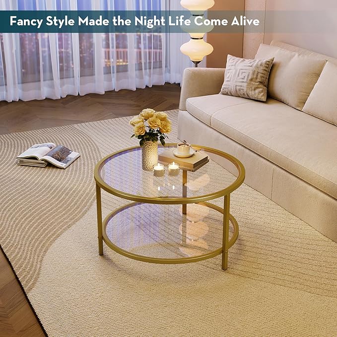 SAYGOER Round Glass Coffee Table 2 Tier Coffee Tables with Storage Shelf for Large or Small Space Modern Simple Center Table with Gold Frame for Living Room Home Office, Easy Assembly…