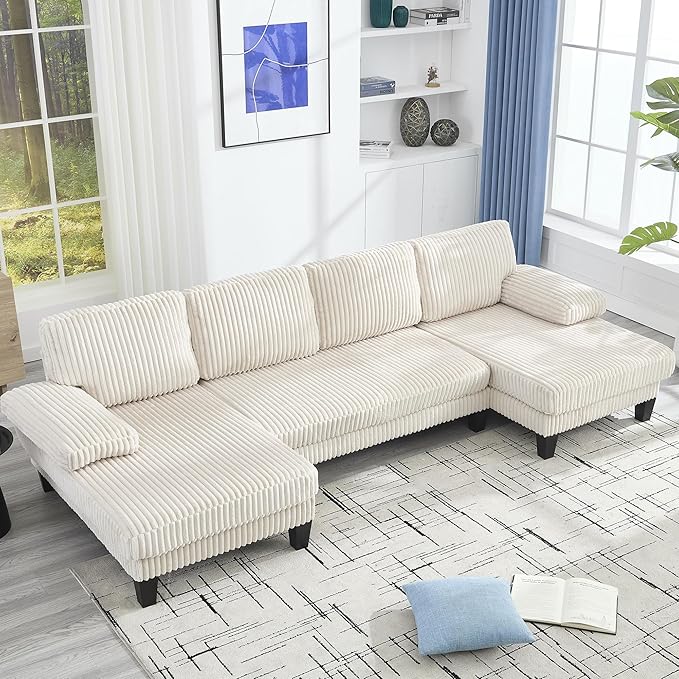 Eafurn Symmetrical U Shaped Sectional Sofa with Double Chaise Lounge,Modern Corduroy Upholstered Oversized Corner Couch, Deep Seat Comfy 4-Seater Sofa w/Pillow-top Armrest for Living Room